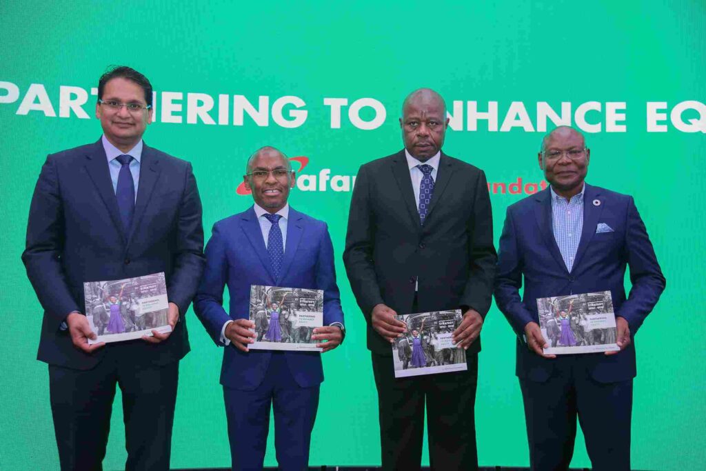 From left, Safaricom’s Board Chairman, Adil Khawaja, Safaricom PLC CEO Peter Ndegwa, ICT PS Edwin Kisiangani and Safaricom Foundation Chairman Joseph Ogutu at the unveiling of the Safaricom Foundation 2023-2026 Strategy.
