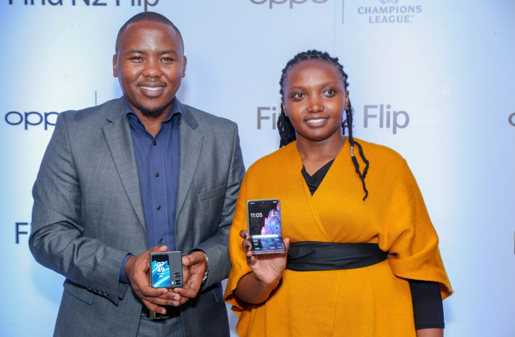 Ernest Teigut, Product Manager, OPPO Kenya and Fredrique Achieng, PR Manager, OPPO Kenya PR Manager, during the official launch of the OPPO Find N2 Flip Phone into the Kenyan Market
