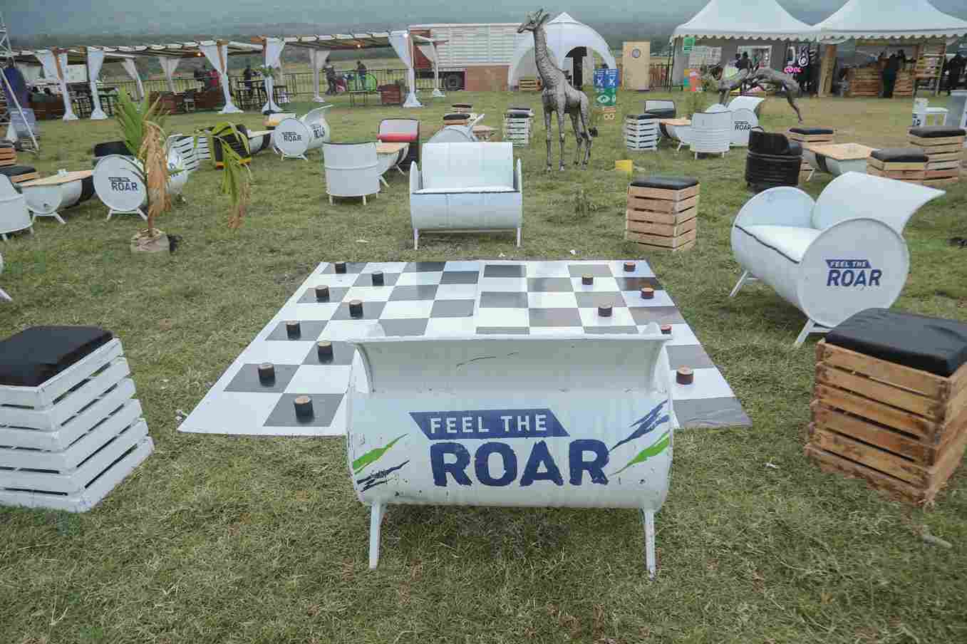 Showcasing sustainability at the 2023 WRC held in Soysambu, Naivasha; KCB tent with repurposed furniture and animal artifacts made from recycled metal, embracing the astonishing beauty of waste transformation.