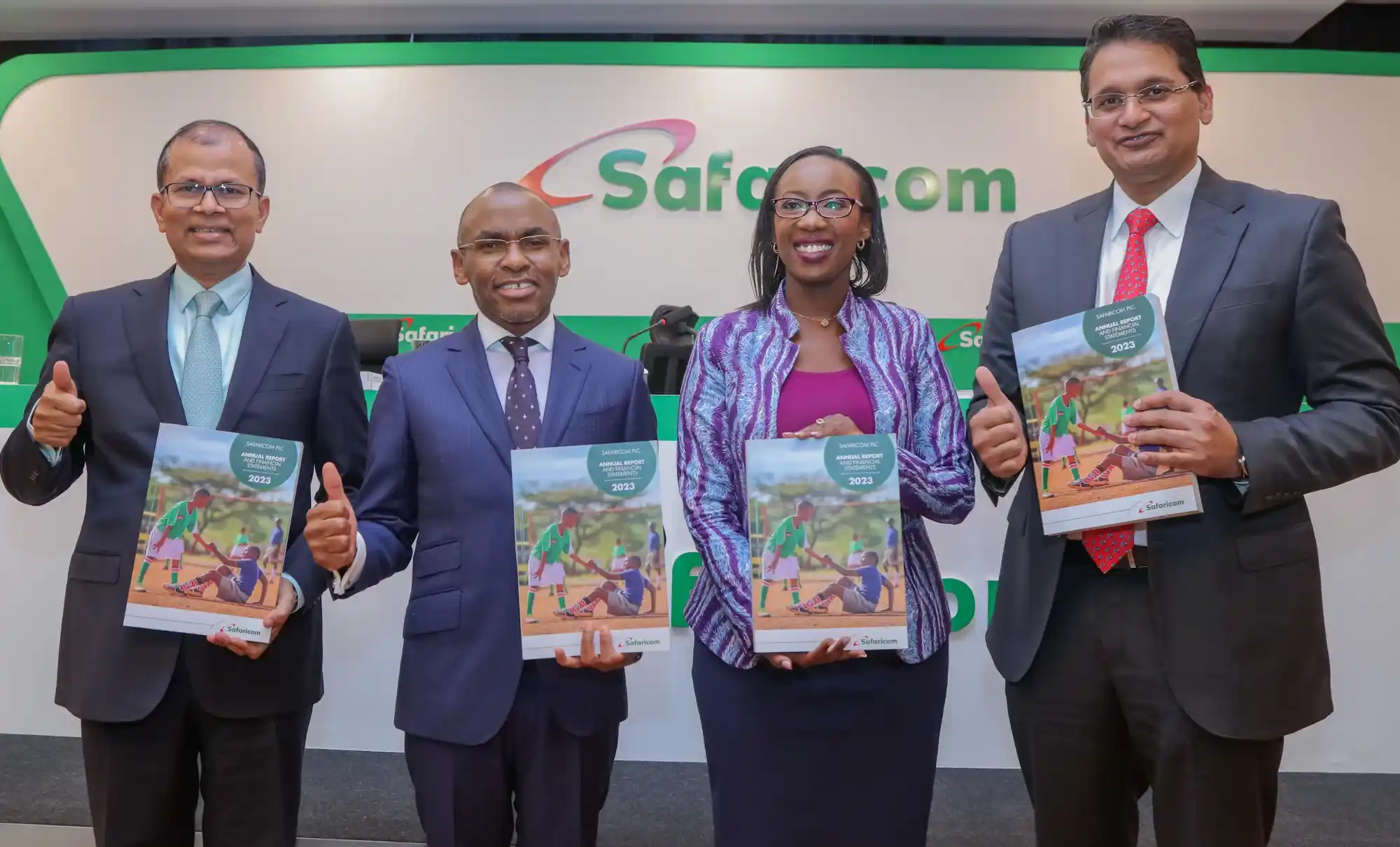 From left, Chief Finance Officer, Dilip Pal, CEO, Safaricom PLC, Peter Ndegwa, Company Secretary Kathryne Maundu and Chairman, Safaricom PLC, Adil Arshed Khawaja (MBS) during Safaricom’s AGM held at MJC.