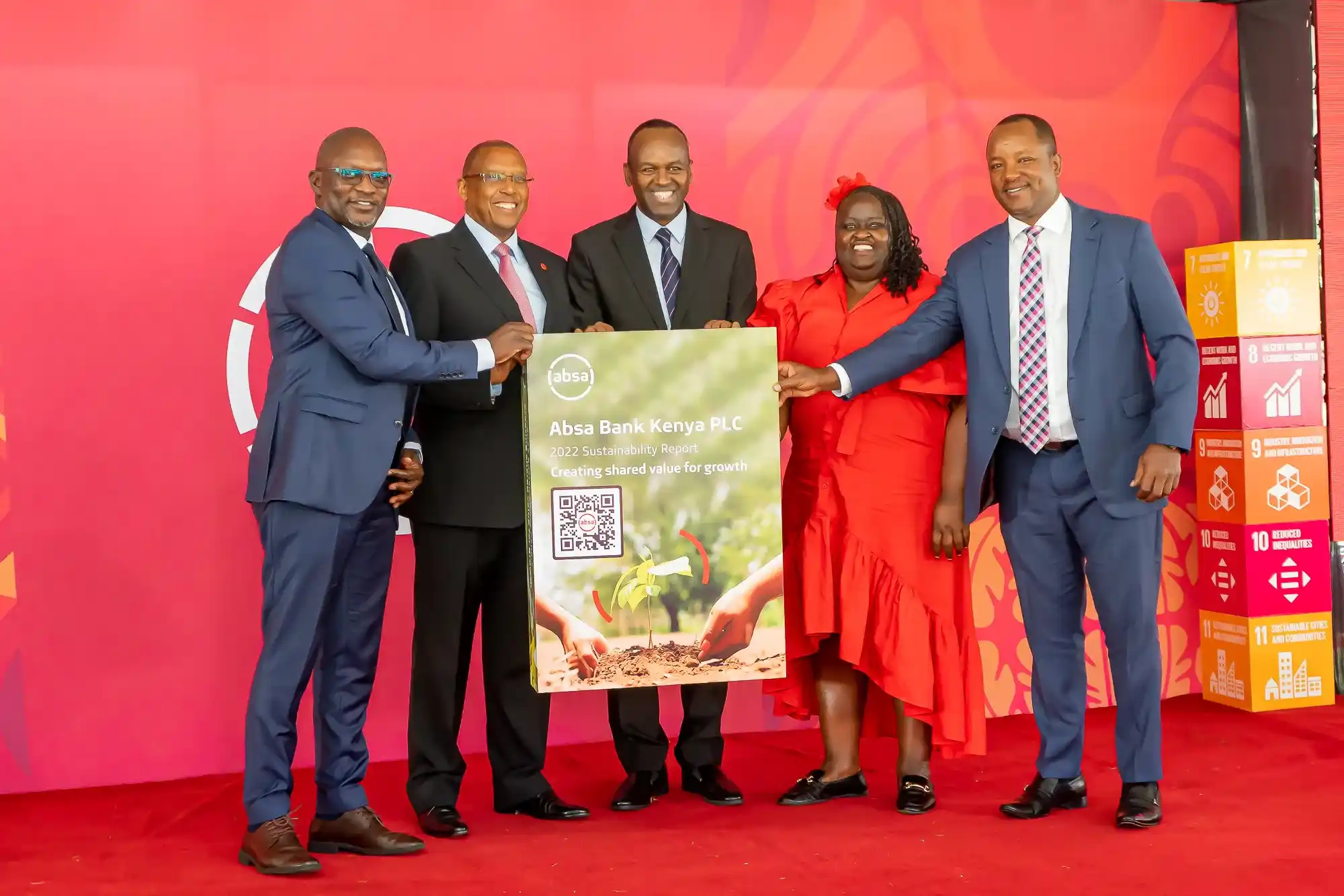 L-R - UNGC Kenya Chairman Martin Ochieng, Absa Bank's Chairman Charles Muchene, MD Abdi Mohammed, Non-Executive Director and Board Member Christine Sabwa and Chief Financial Officer Yusuf  Omari during Bank’s Sustainability Report for the financial year ending December 31, 2022.