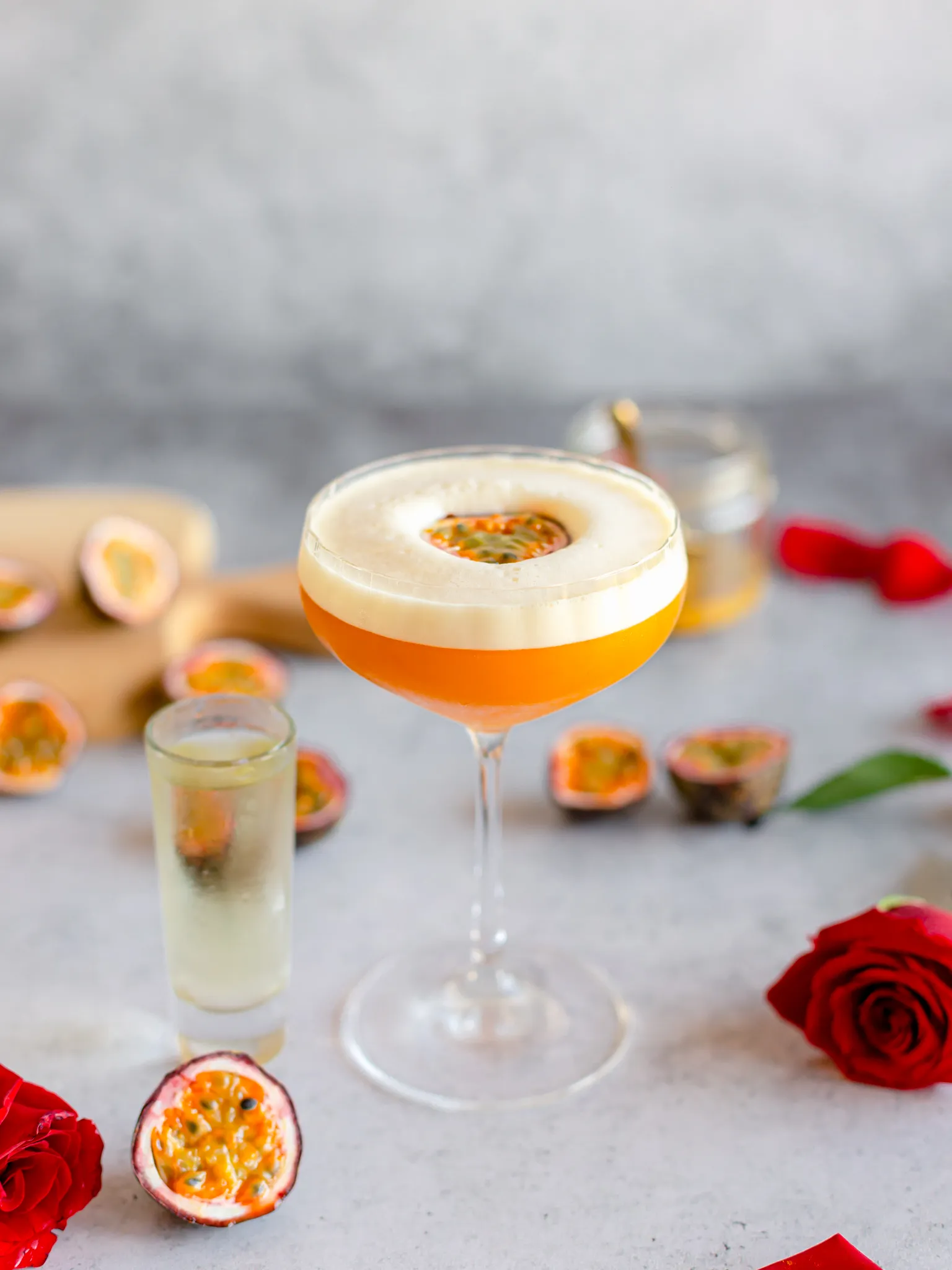 Passion fruit cocktail on a table. 