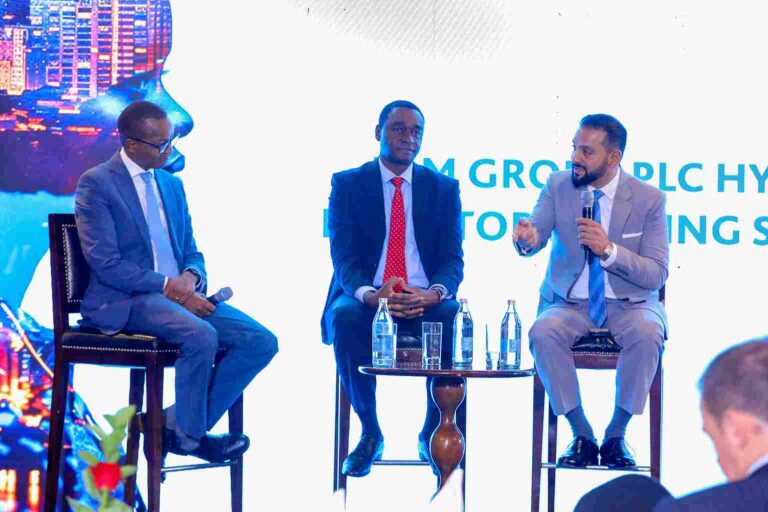 From left: I&M Bank Group CFO David Ngata, Regional CEO Kihara Maina, and CEO of I&M Bank Kenya Gul Khan seated during a panel discussion at Kempinski Hotel, Nairobi, following the presentation of I&M Group’s Half Year 2025 financial results.
