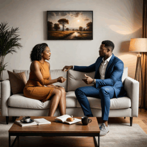 An AI-generated image of a couple arguing