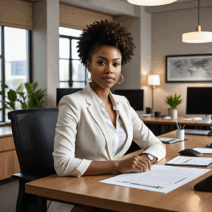 An AI generated image of a career woman sitting in a modern office 