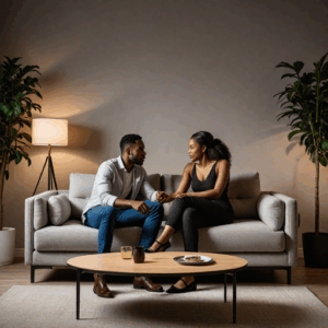 An AI-generated image of a couple having a conversation.