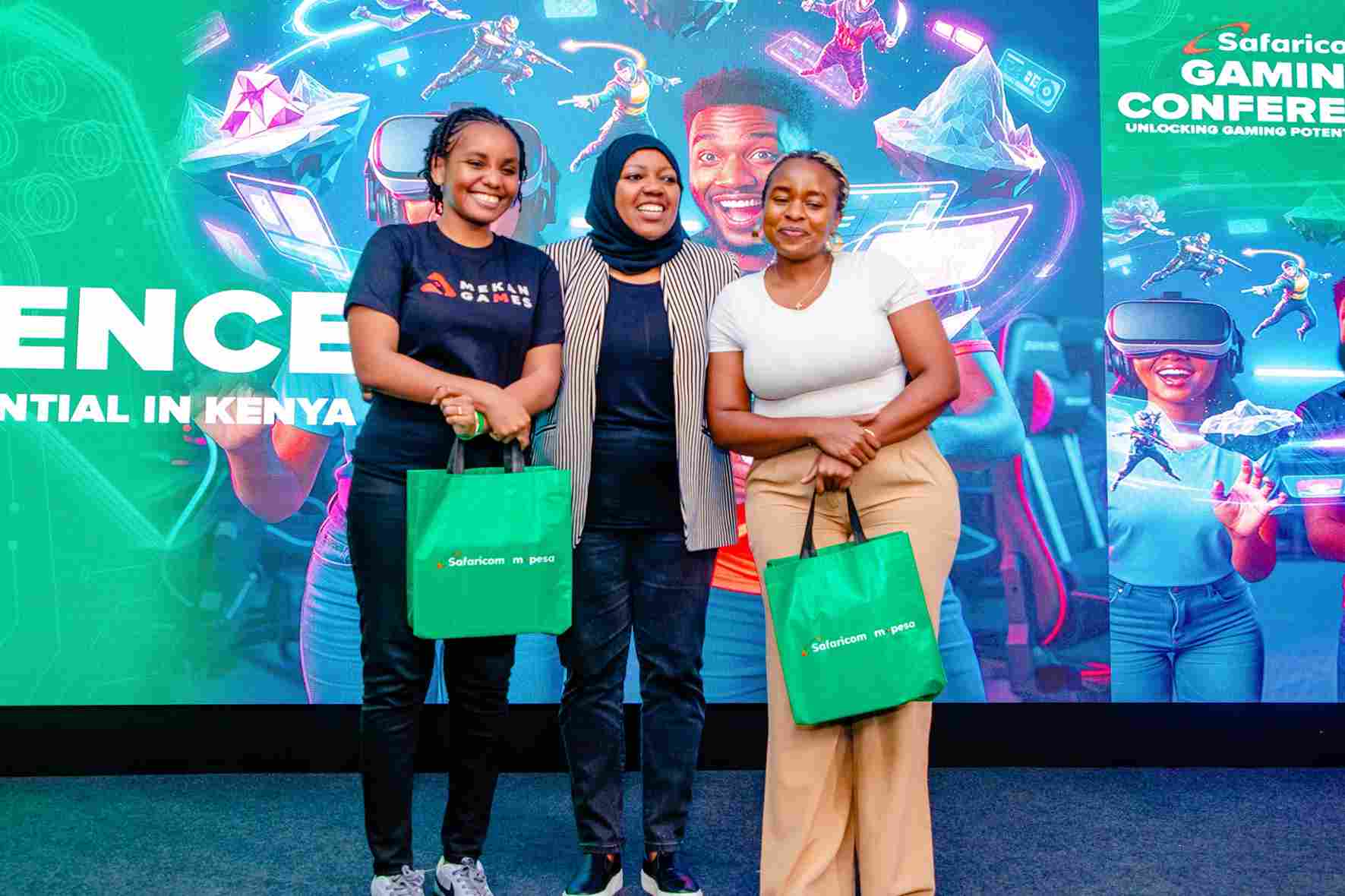 Patricia Njambi (left), Fawzia Ali, Chief Consumer Business Officer at Safaricom (centre), and Maryanne Musyimi (right) pose for a photo during the Safaricom Inaugural Gaming Conference held at MJC, Safaricom Headquarters in Nairobi.