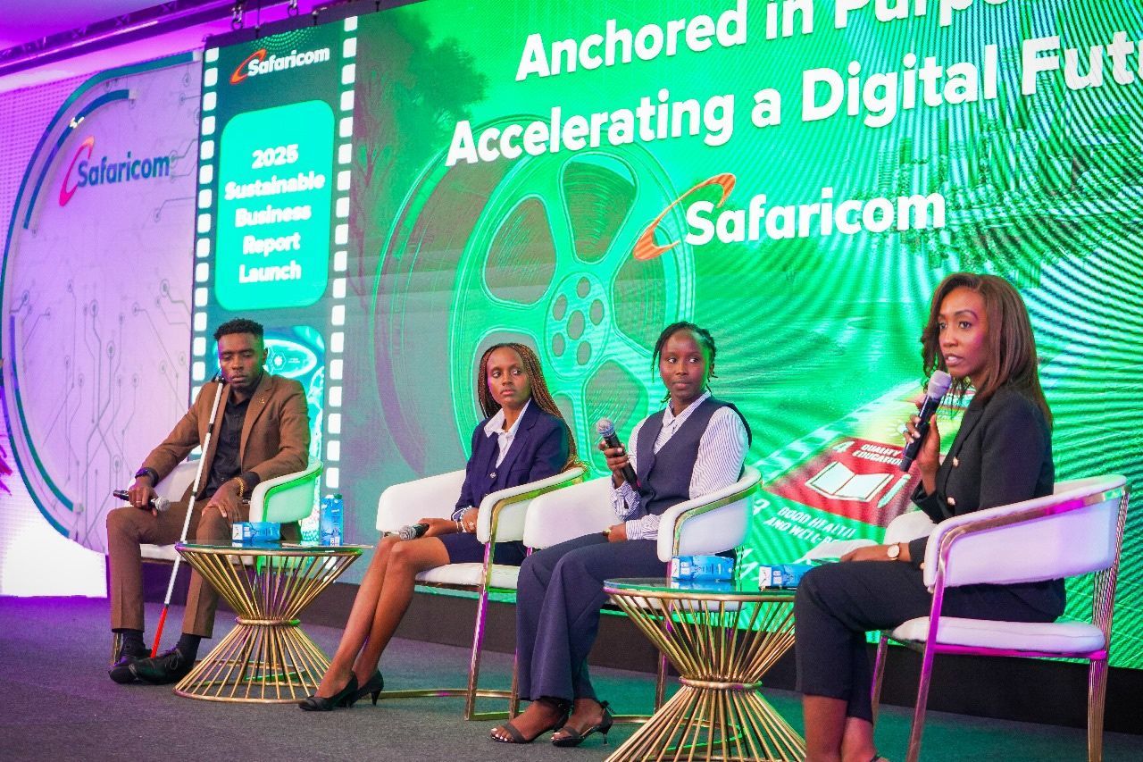 Janet Kangogo, Julius Mbura, and Joyce Karimi speak during a panel led by Yvonne Okwara at the Safaricom Sustainability Report launch.