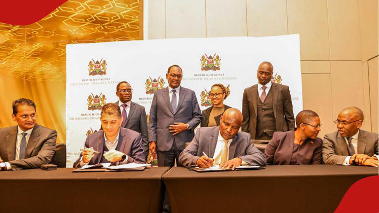 Treasury CS John Mbadi and Vodacom Group CEO Shameel Joosub sign Safaricom stake sale agreement, 4 December 2025.