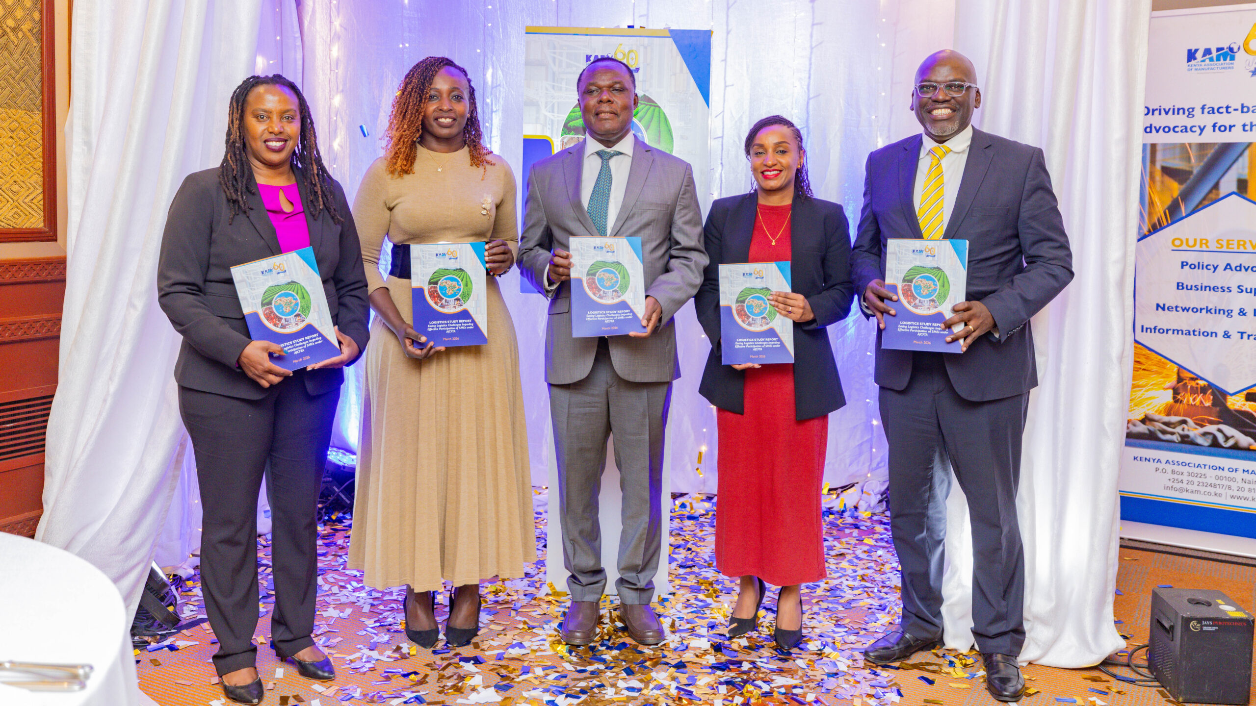 KAM SME Hub Chair Harriet Ng'ok, British High Commission Economic Advisor, PS Industry Dr. Juma Mukhwana CBS, TradeMark Africa Country Director Lilian Mwai, and KAM CEO Tobias Alando at the KAM Logistics Study Report launch in Nairobi.