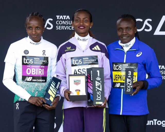 Tigist Assefa wins the 2026 London Marathon women's race in a world record 2:15:41, with Kenya's Hellen Obiri second in 2:15:53 and Joyciline Jepkosgei third in 2:15:55, marking the first time three women have finished under 2:16 in the same race.