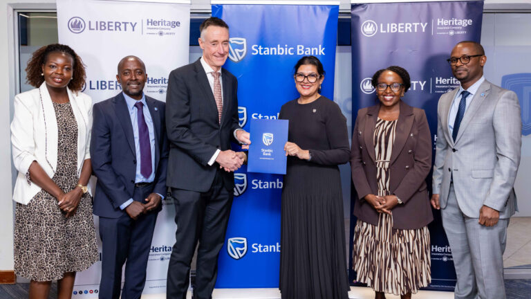 Left to right: Judith Odhiambo, Group Head of Distribution at Liberty Kenya; Kimani Njagi, Head of Vehicle and Asset Finance at Stanbic Bank Kenya; Kieran Godden, Group CEO of Liberty Kenya Holdings Plc; Anjali Harkoo, Head of Insurance and Asset Management at Stanbic Bank Kenya; Rosalyn Mugoh, Managing Director and Principal Officer of Heritage Insurance Kenya; and Cyprian Momanyi, Head of Stanbic Bancassurance Intermediary, at the signing of a commercial vehicle insurance partnership in Nairobi.