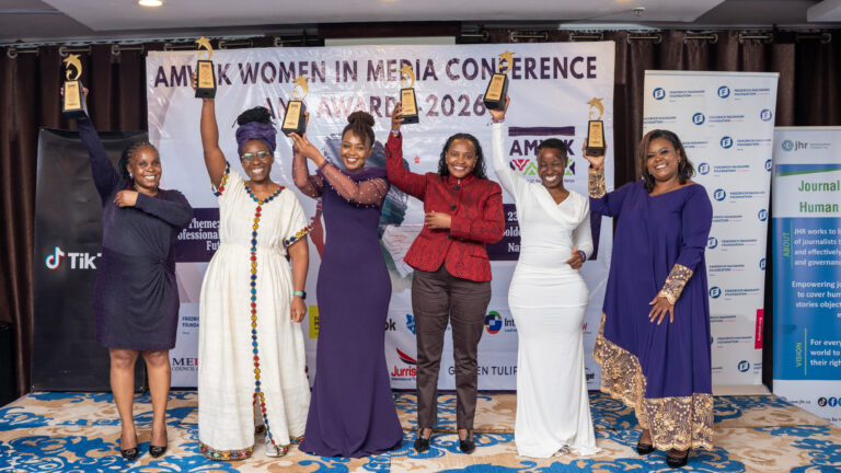 Six winners of the inaugural AMWIK Women in the Media Awards 2026 standing together from left to right: Mercy Mwikali, Christine Mungai, Ann Njogu, Judie Kaberia, Zipporah Achieng and Reyhab Watari