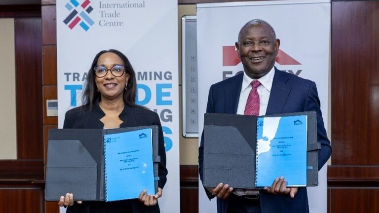 ITC Executive Director Pamela Coke-Hamilton and Equity Group CEO Dr James Mwangi sign an MOU in Nairobi to boost trade across East Africa.