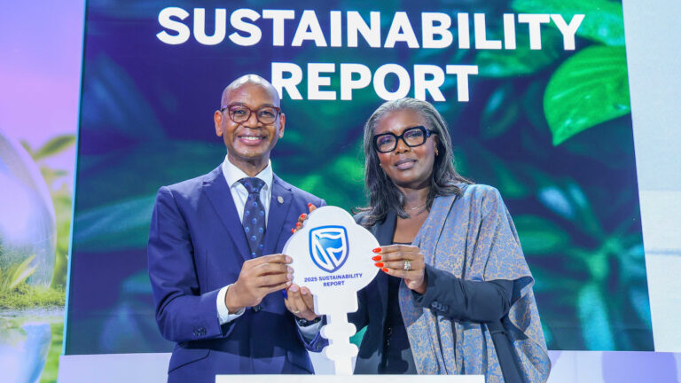 Dr. Joshua Oigara, Regional Chief Executive East Africa at Standard Bank, and Ms. Antonia N'gabala Sodonon, UN Women Country Representative to Kenya, at the Stanbic Bank 2025 Sustainability Report launch in Nairobi.