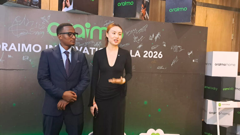 Oraimo Brand Manager Sia Fan and Kenya Product Manager Samwel Njoroge speaking at Innovation Gala 2026 press session in Nairobi