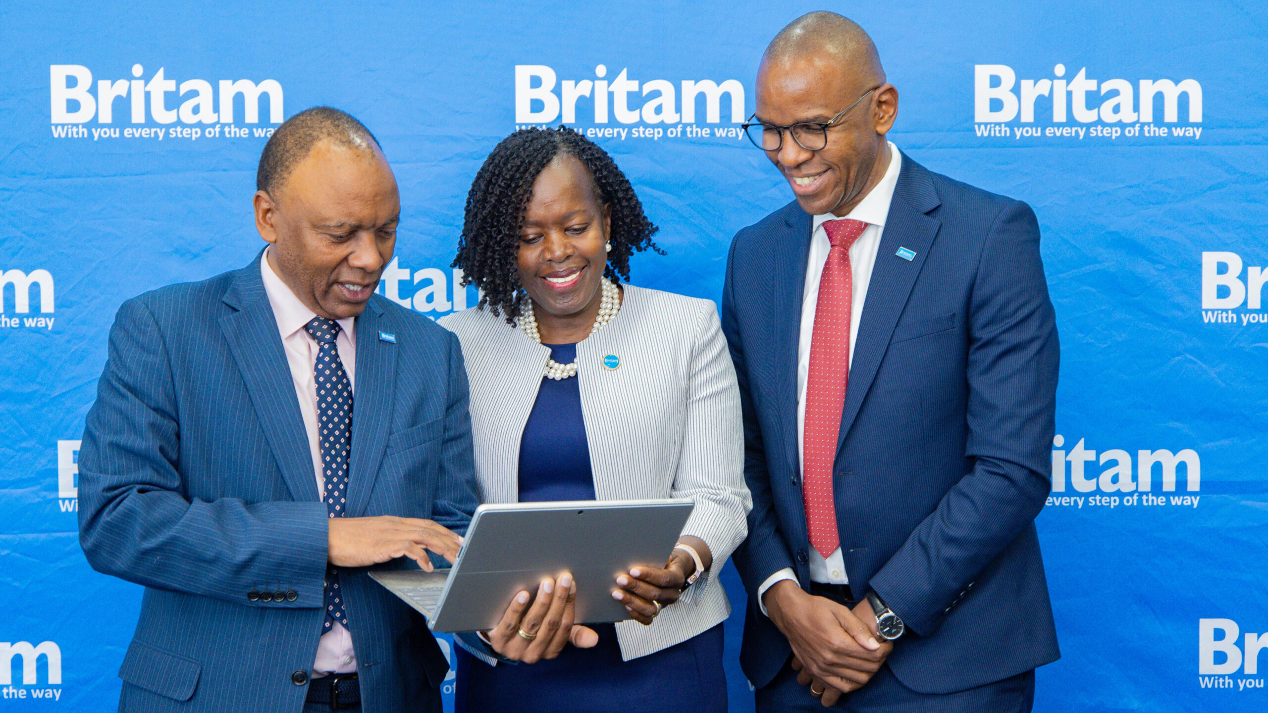 Tom Gitogo, Celestine Munda and Jackson Theuri at Britam's H1 2026 results briefing