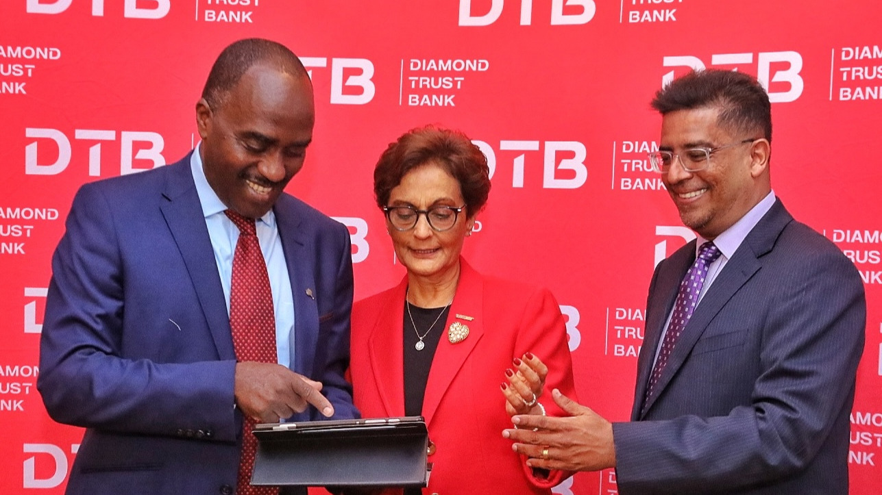 DTB Chairman Linus Gitahi, Group CEO Nasim Devji and Finance and Strategy Director Alkarim Jiwa at a bank event