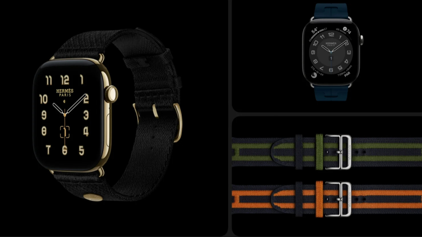 Apple Watch Series 12 Hermes edition with gold case and assorted leather and fabric bands