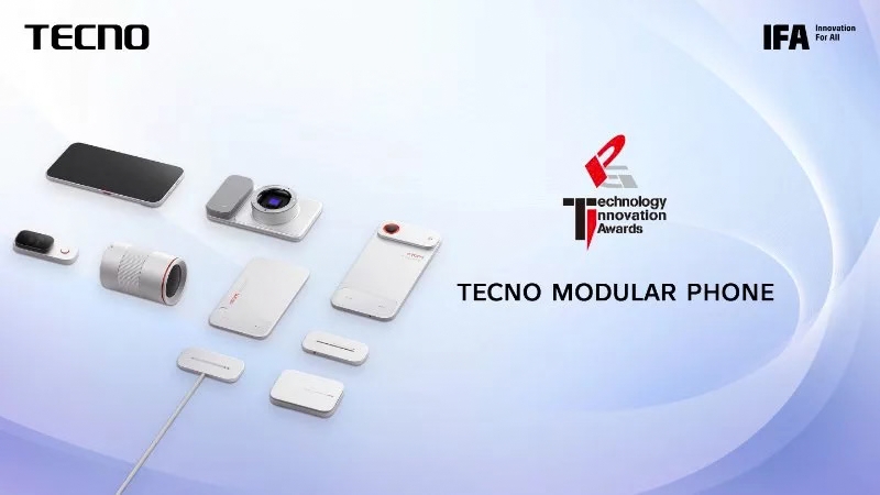 TECNO Modular Phone shown with ten detachable magnetic modules including camera, lens and power bank attachments