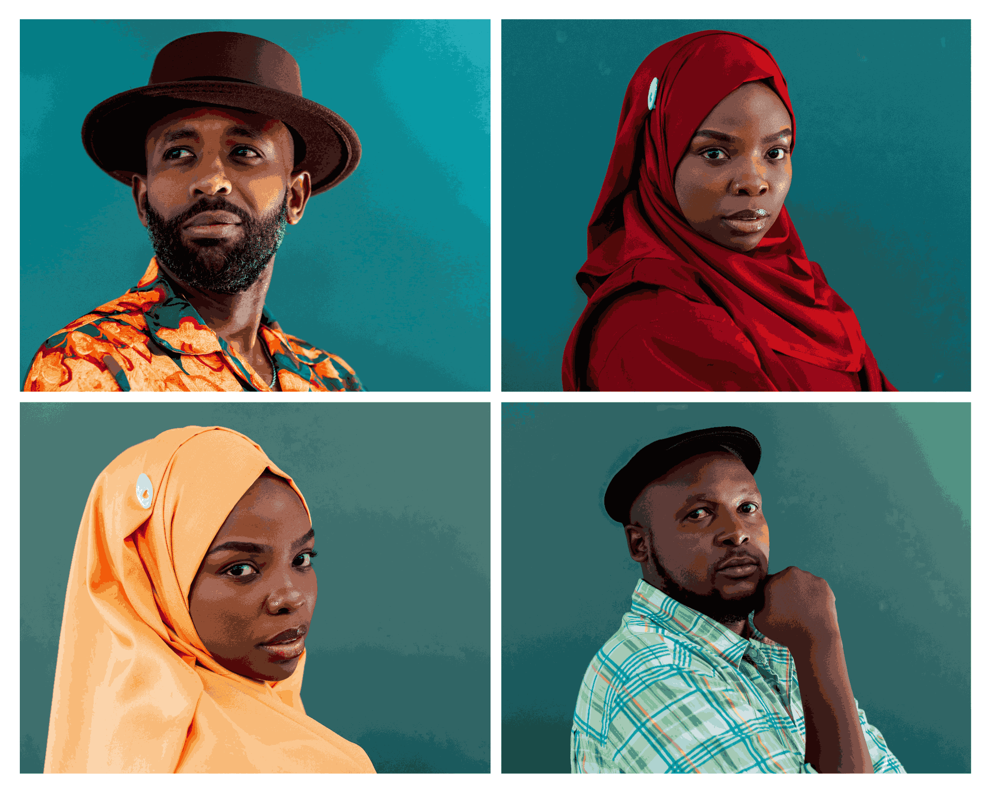 Collage of four cast portraits from Crescent on the Road against teal backdrops, including Keith Chuaga as Danson, Yasmin Said as Amina and Timothy Musyoki as Chege