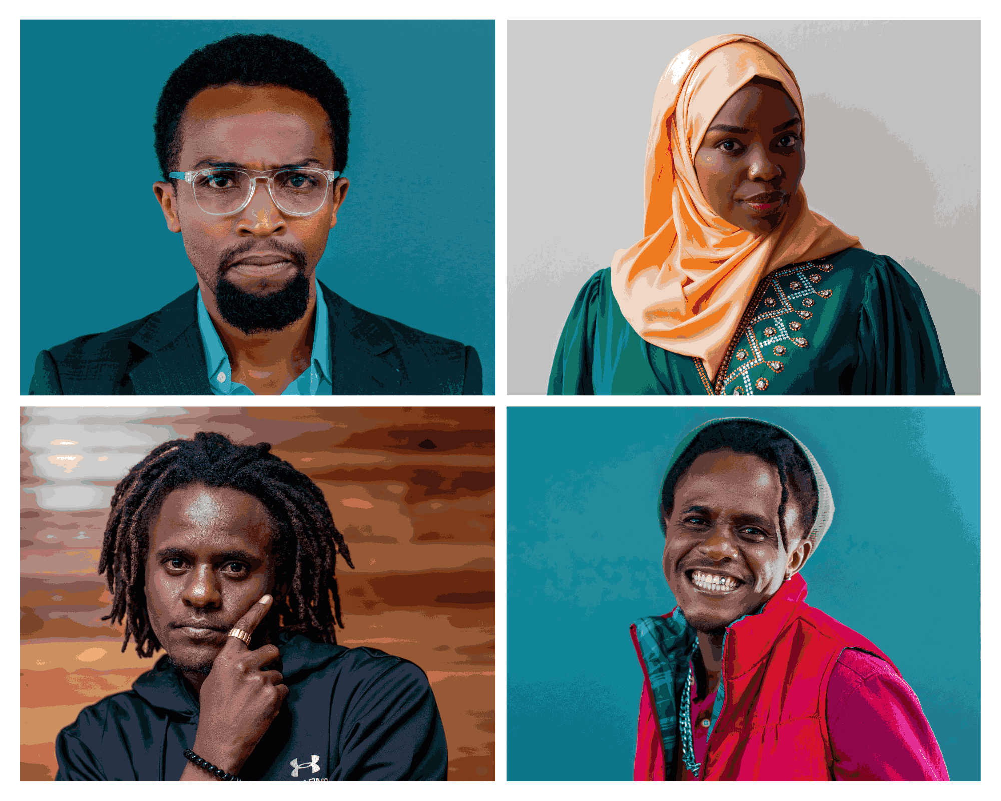 Collage of four cast portraits from Crescent on the Road, including Pascal Tokodi as Hassan and Mwangi Thuita as Jomo