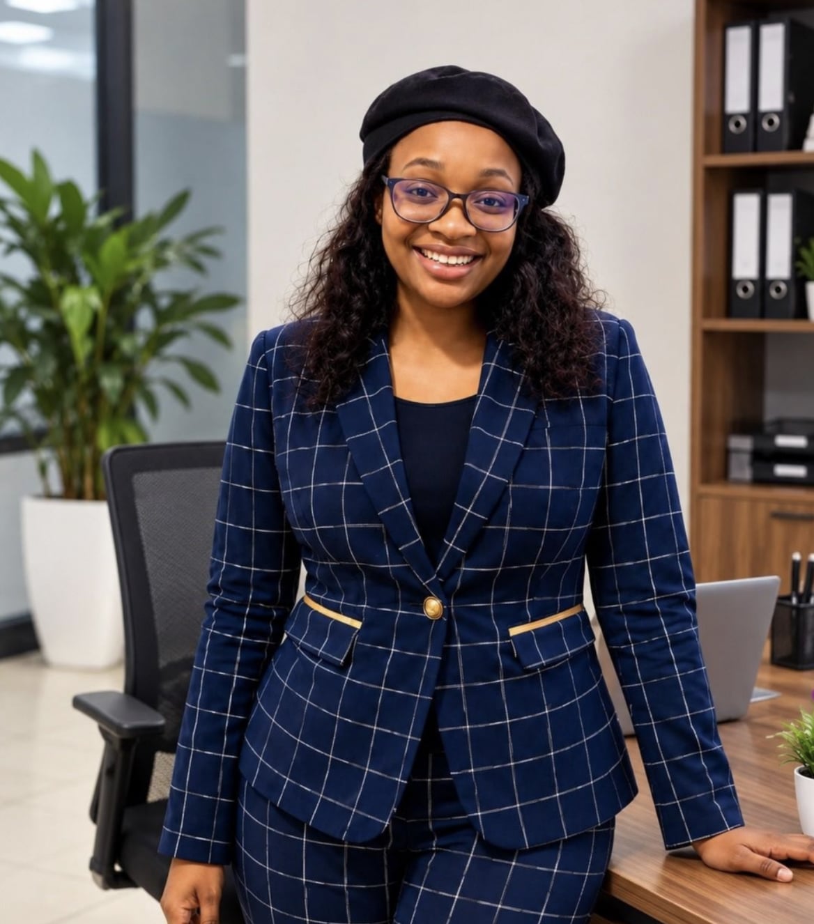 Esther Muitha, founder and CEO of Fiftess Househelp Agency, in a navy check blazer and black beret in an office
