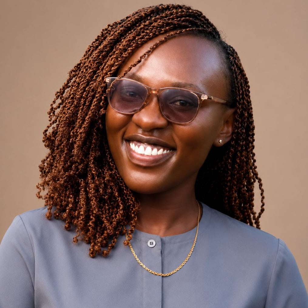 Faith Adhiambo, Marketing Manager at Galleria, smiling in a professional portrait wearing glasses and a grey top.