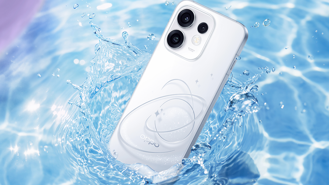 OPPO Reno16 Series phone in Pop White floats on pool water with a splash and a 3D planet design on the back