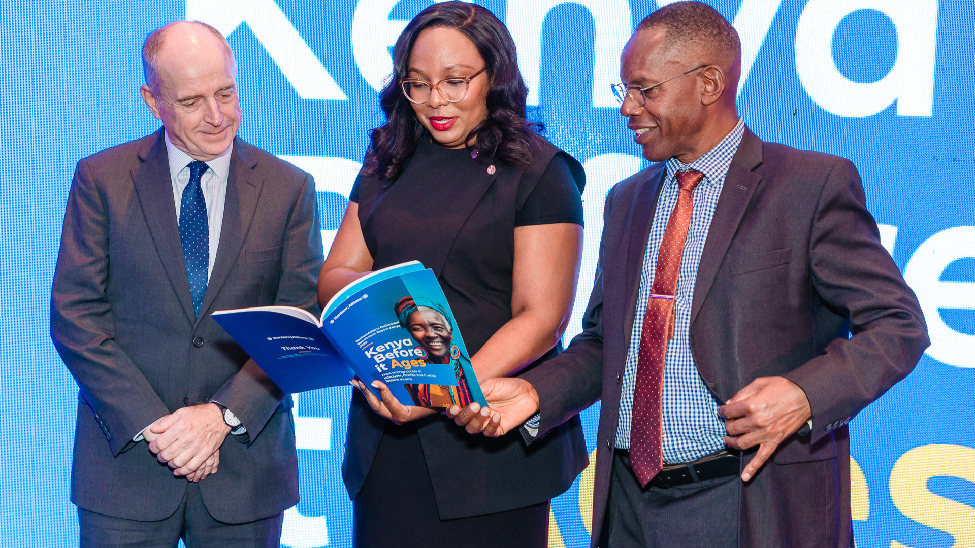 SanlamAllianz Retirement Benchmark Report Kenya 2026 launch Stichbury, Karasha and Tumbo hold the SanlamAllianz Kenya Before It Ages retirement benchmark report at its Nairobi launch