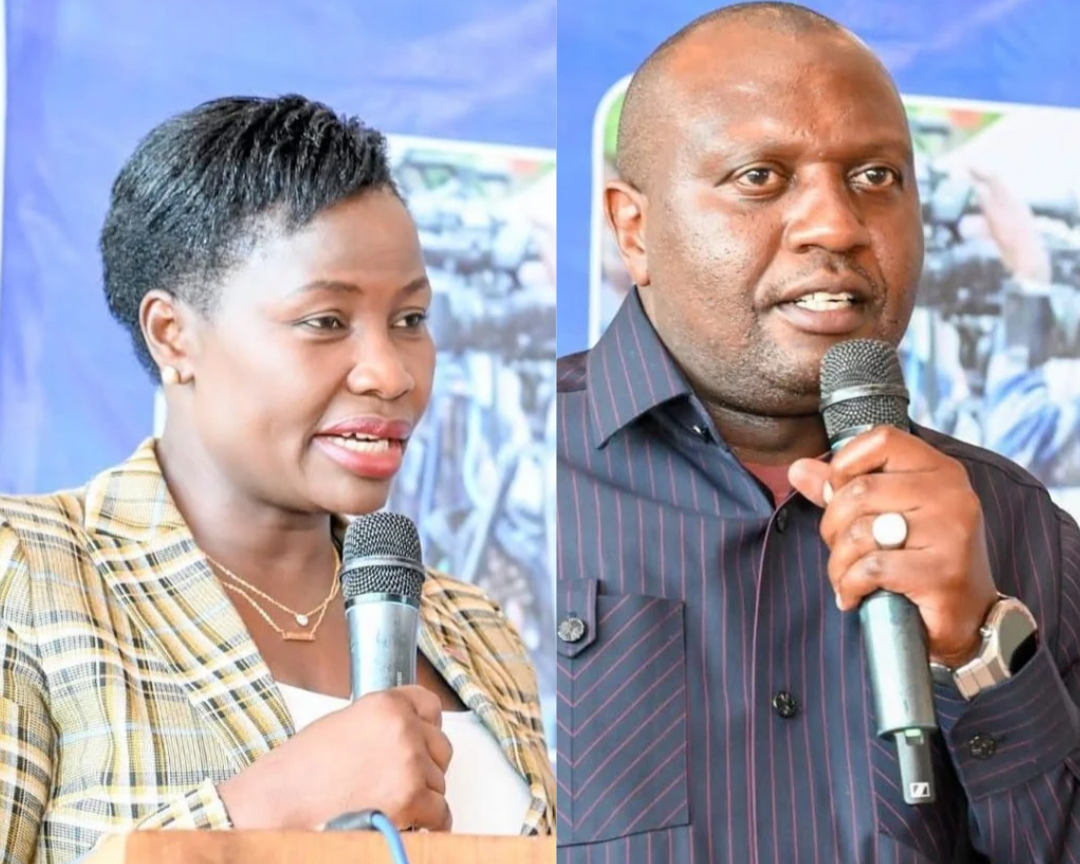 Susan Mang’eni (left) and David Omwoyo (right) speak into microphones at the journalists welfare survey launch