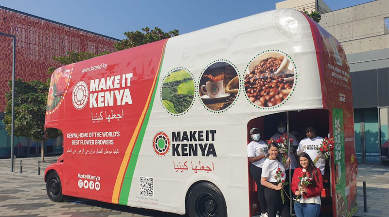 The Kenya Export Promotion and Branding Agency bus in London during Valentines Day, a one-stop shop for all trade promotion and branding activities.