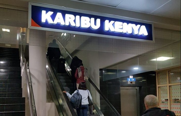 A sign post at the Jomo Kenyatta International Airport welcoming travellers to Kenya.