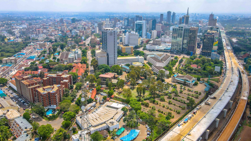 Technology in the Kenyan real estate sector is becoming more important to satisfy different customer demands. This is a view of Nairobi City, the capital of Kenya, from the sky.