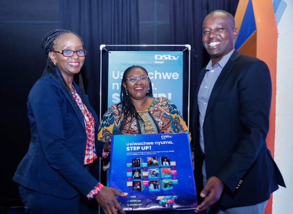 MultiChoice Kenya Head of Marketing, Celeste Muli, Head of Customer Value Management, Lucy Mwakalama & Corporate Affairs Manager, Philip Wahome at the launch of DStv Step-Up campaign.