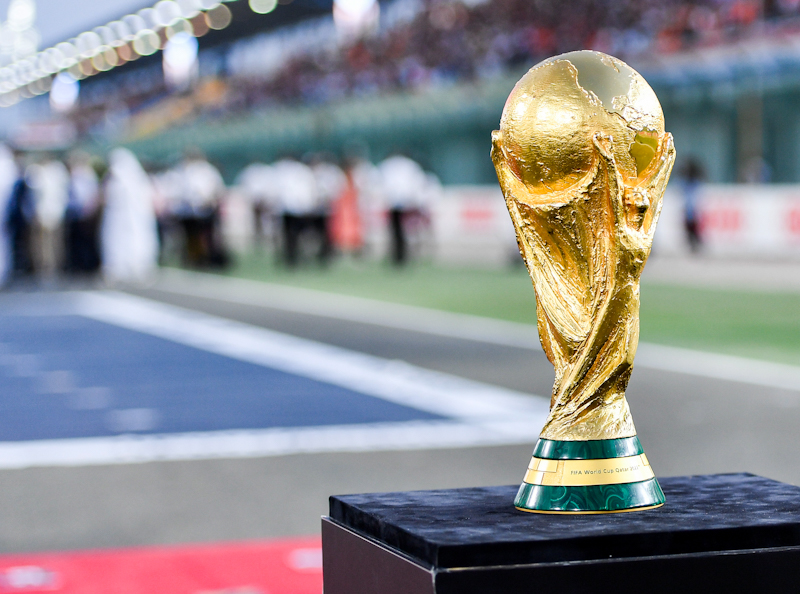 The trophy of the FIFA World Cup 2022 on display on the grid before the 2021 Formula One Grand Prix of Qatar at the Losail International Circuit in Lusail, Qatar, 21 November 2021. EPA/NOUSHAD THEKKAYIL