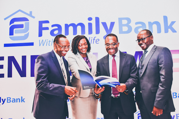 Family Bank Chairman Dr. Wilfred Kiboro, CEO Rebecca Mbithi, PwC Auditor Richard Njoroge and Family Bank CFO Stephen Ngugi during the Bank’s 15th AGM