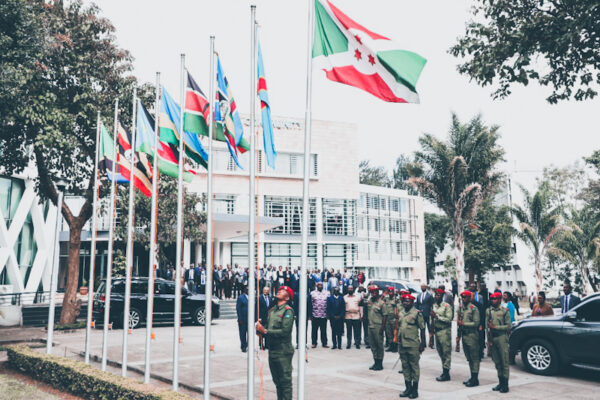 The flag of the Democratic Republic of Congo being hoisted in Arusha after depositing the instruments of ratification to join the East African Community