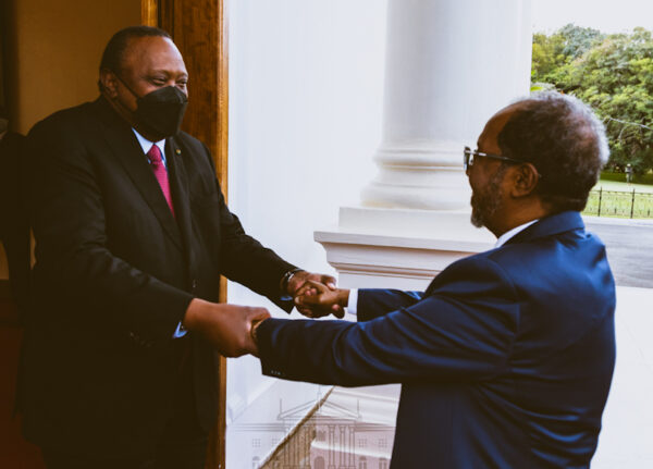 President Uhuru Kenyatta receives his Federal Republic of Somalia counterpart Hassan Sheikh Mohamud at State House, Nairobi.