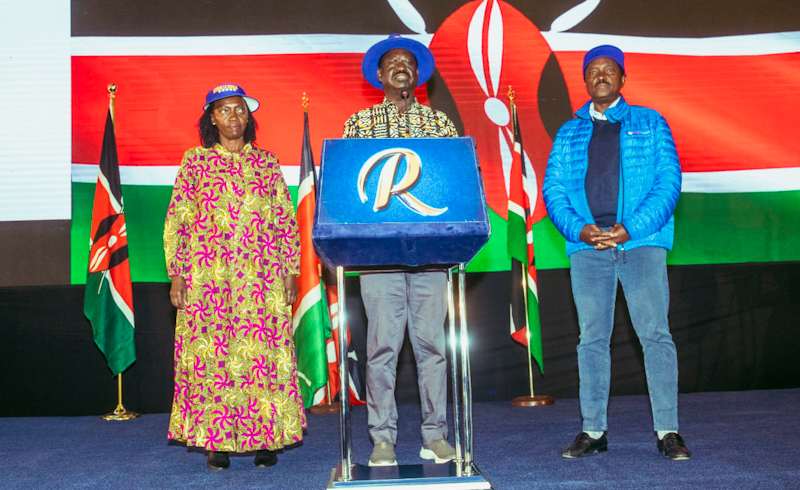 Azimio La Umoja's Martha Karua, Raila Odinga and Kalonzo Musyoka at a press briefing on August 16, 2022