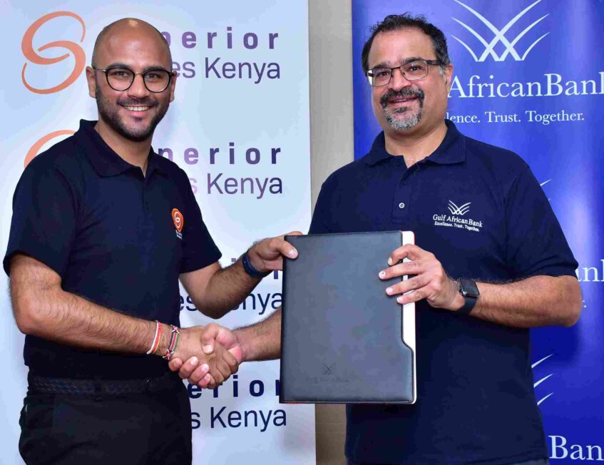 Superior Homes Kenya CEO Shiv Arora (L) and Gulf African Bank CEO Anuj Mediratta (R) during the signing of a partnership for Shariah compliant mortgage financing. Homebuyers will be able to access flexible mortgage financing at 11.75 per cent; the lowest rate in the Kenyan market.