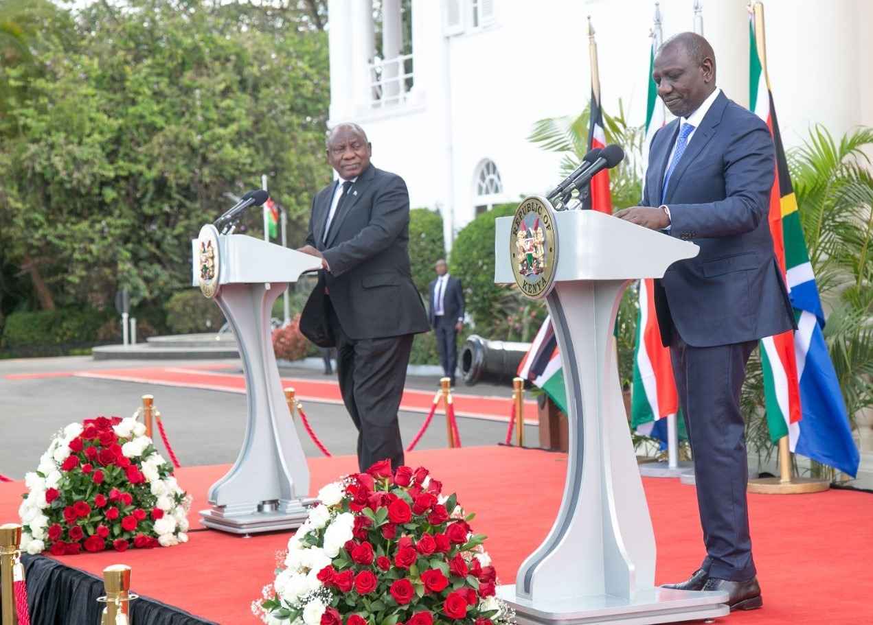 South African President Cyril Ramaphosa during a joint address with Kenya's President William Ruto at the State House in Nairobi on November 9, 2022.