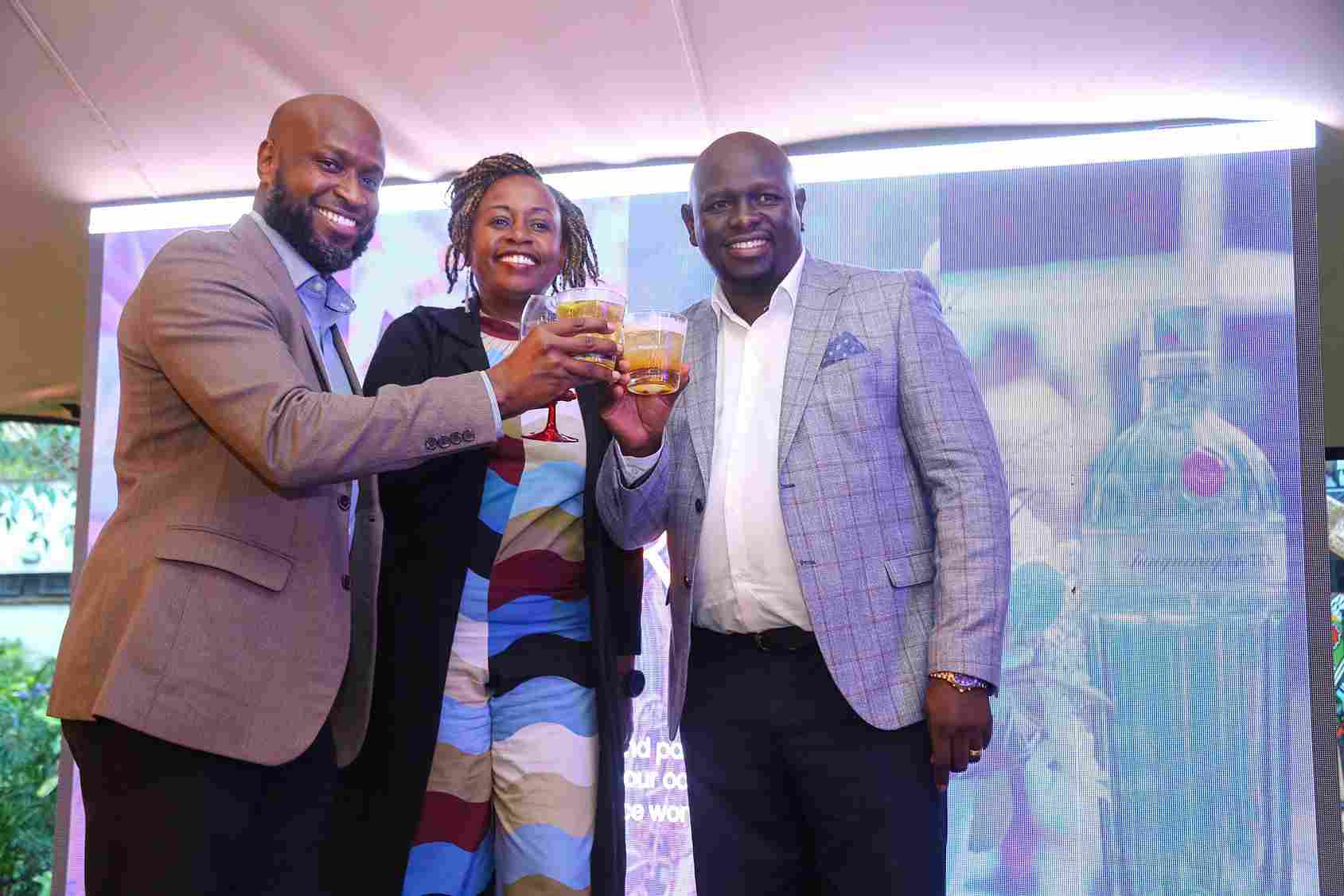 EABL Commercial Director, Joel Kamau, EABL Head of Media Features, Waithera Kabiru, and EABL Head of Emerging Channels, Kerago Ngugi after launching The Bar Soiree Launch event at Village creative
