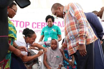 President Uhuru Kenyatta at the national launch of the Human Papilloma Virus (HPV) Vaccine launch at Ziwani Primary School in Mvita Sub-county in October 2019.