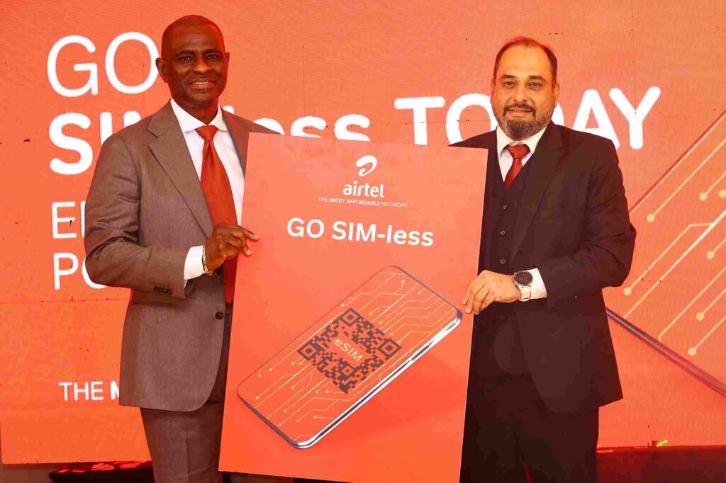 Airtel Africa Group CEO Segun Ogunsanya and Kenya's Managing Director, Ashish Malhotra, during the launch of the eSIM in Nairobi.