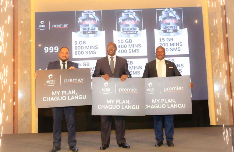 Chief guest CS Ministry of Co-operative and Micro, MSMEs Hon Simon Chelugui, CEO Airtel Kenya Ashish Malhotra and CEO KNCCI Patrick Nyangweso at the launch of Airtel Premier.