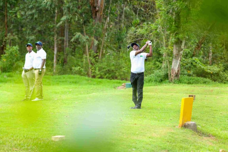 The Overall winner at Eldoret Club, Amos Butit, tees off during the 2 nd leg of the KCB East Africa Golf tour. But carded 40 stableford points to be crowned champion.