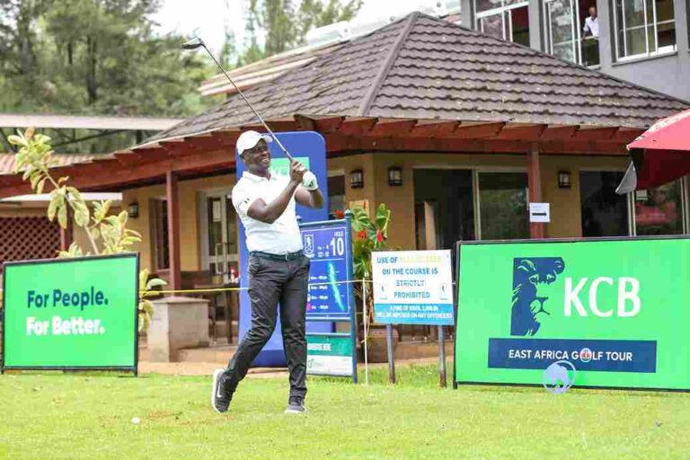 KCB Group HR Director, Japheth Achola, tees off moments after launching The KCB East Africa Golf Tour