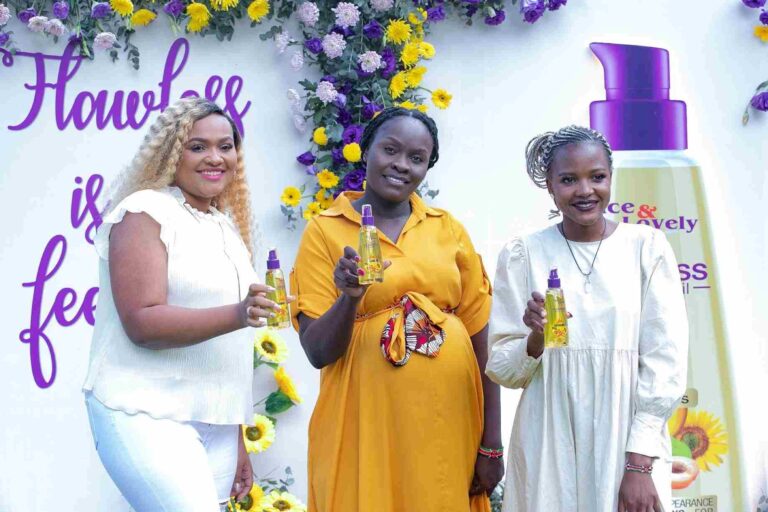 L’Oréal East Africa Products Innovation Manager Nicy Owino (right), L’Oréal’s Human Asset Manager Alice Njoroge and Consultant Obstetrician and Gyneacologist Dr. Kristina Sule during the launch of the new Nice & Lovely Bio Body Oil.