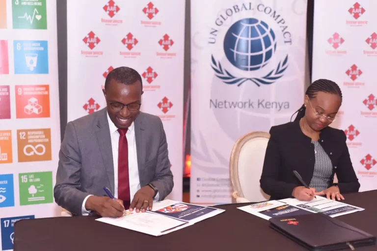 AAR Insurance Group CEO, Dr. Patrick Gatonga with Global Compact Network Kenya Executive Director, Judy Njino during the official certificate signing as the insurance firm joins the United Nations Global Compact and commits to sustainable business practices.